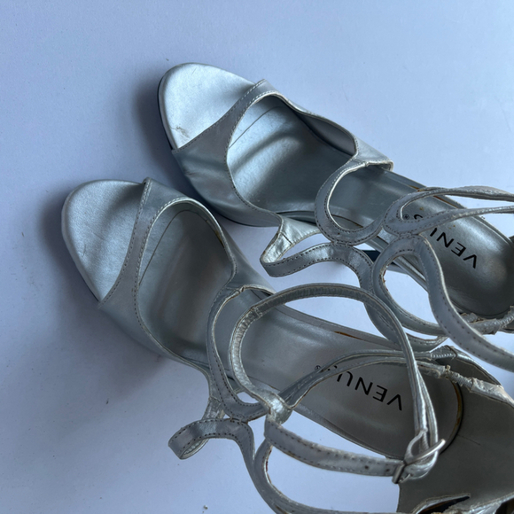 Venus Silver Strappy Stiletto High Heel Sandals | Size 8M | Metallic Dress Shoes - Picture 6 of 8